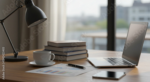 Un escritorio de oficina moderno y elegante con libros financieros ordenados, un laptop y una taza de café photo