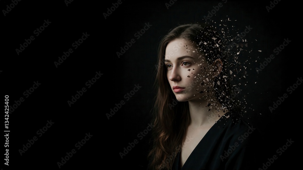 Fototapeta premium A dramatic portrait of a young woman's face dissolving into particles. A powerful concept for mental health, identity, loss, and fading away.