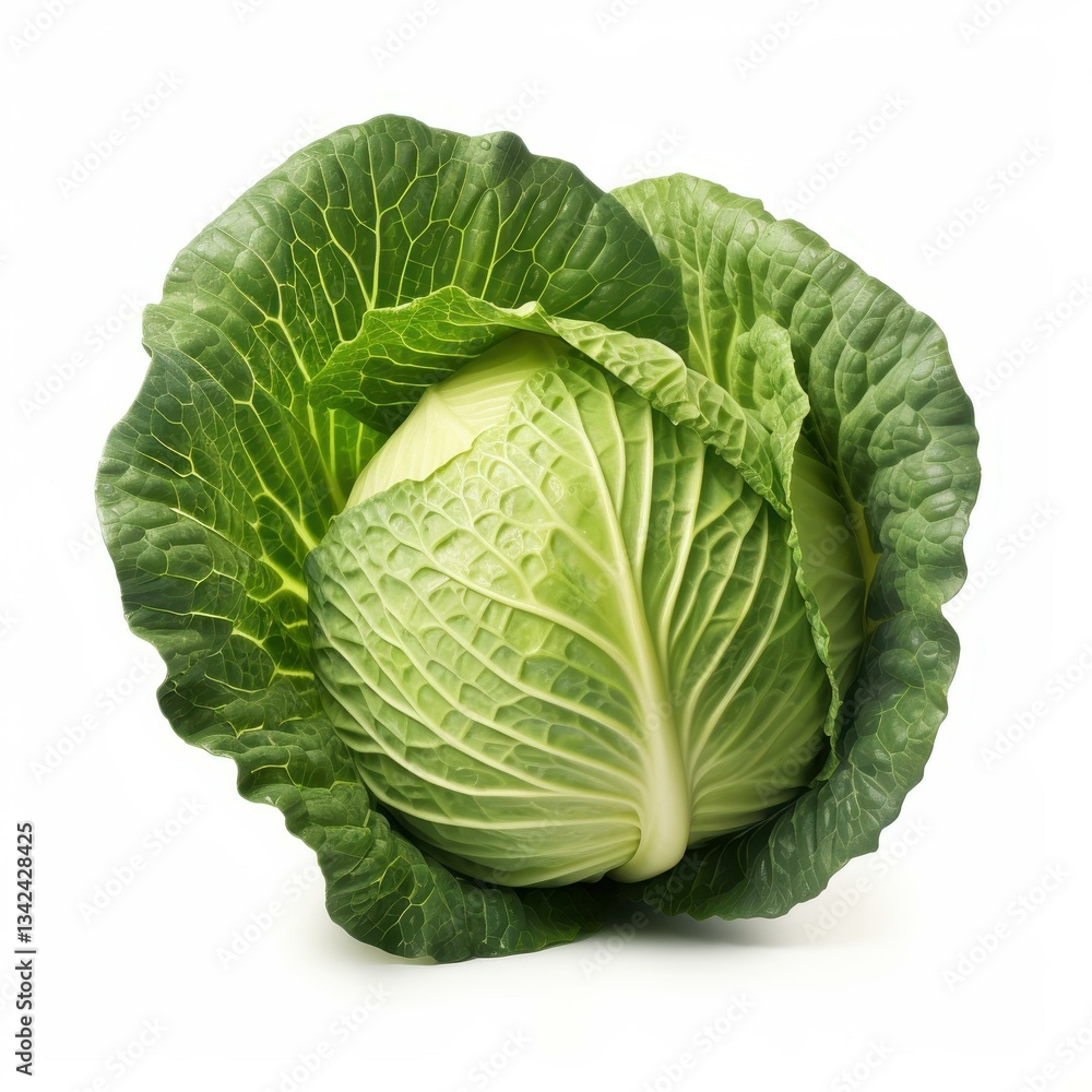 Fototapeta premium Fresh green cabbage with unique textured leaves, showcased elegantly on a white background for a clean, pastel look.
