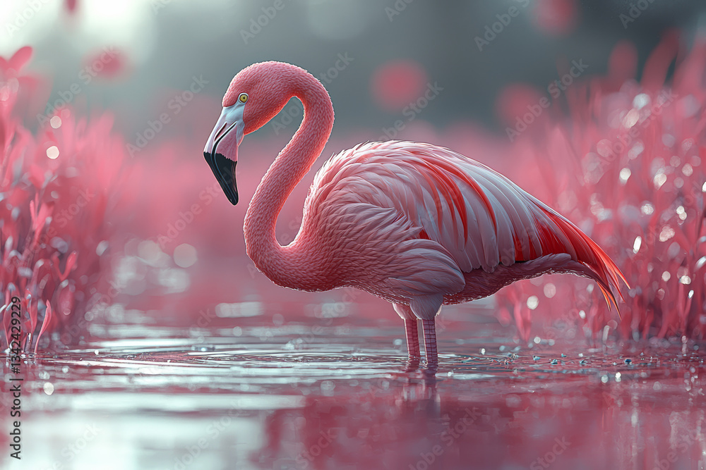 Φωτογραφία A flamingo standing on one leg in a shallow pink lagoon