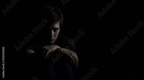 A portrait of a man on a black background, looking sad and lost in thought, symbolizing depression. The image has space for text, making it ideal for mental health and emotional content.

