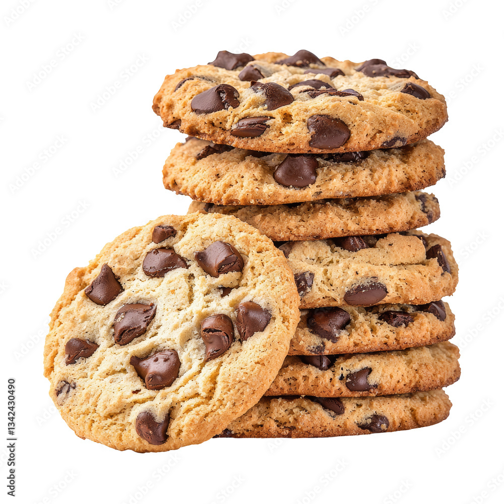 Delicious Chocolate Chip Cookies Stacked High on a Transparent Background for Culinary Use Delicious Chocolate Chip Cookies Stacked High on a Transparent Background for Culinary Use