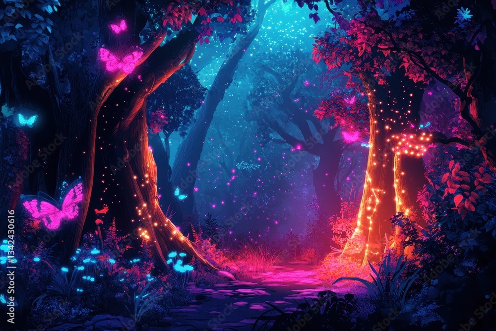 Obraz premium Illuminated Forest Pathway With Glowing Trees And Fluttering Butterflies