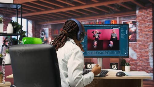 Graphic designer designing UX for AI software turning text prompt into photos. IT specialist drinking coffee using machine learning tech to build text to image AI generative models, camera B