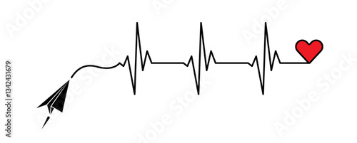 Abstract paper plane origami airplane, ekg shape route, red heart vector. Creative medical science concept design to use for cardiology, healthcare business, love concept projects.