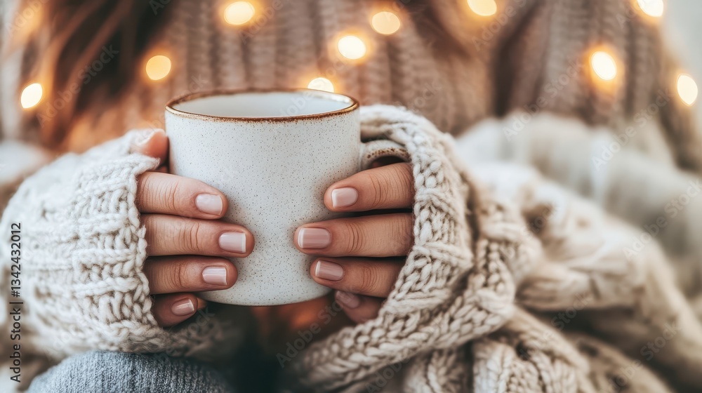 Person holds a warm cup of coffee while wearing a sweater Person holds a warm cup of coffee while wearing a sweater