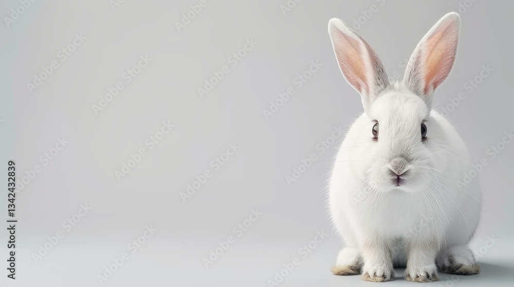 Obraz premium A fluffy rabbit with long ears sits against a crisp white background, perfect for Easterthemed designs and messages.