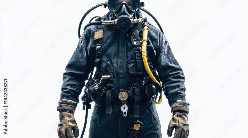 Fototapeta premium A diver fully equipped in professional safety gear against white background