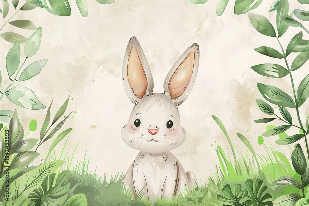 Adorable Cartoon Bunny in Grass with Illustrated Green Leaves on Beige Background Adorable Cartoon Bunny in Grass with Illustrated Green Leaves on Beige Background