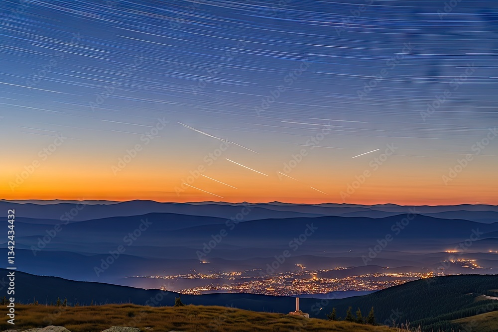 Star trails over mountain range at sunset, city lights below Star trails over mountain range at sunset, city lights below
