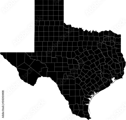 A black and white outline map of Texas displaying county boundaries and state regions.