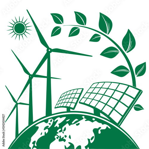 Eco Power Vector Concept Featuring Solar Panels and Wind Turbines
