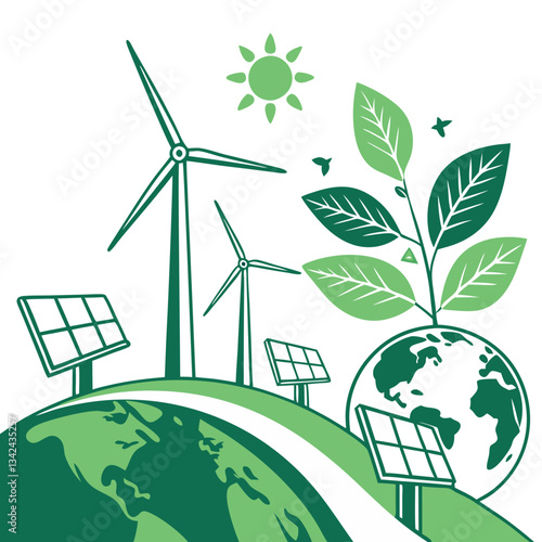 Green Energy Vector Art Featuring Wind Turbines and Solar Panels