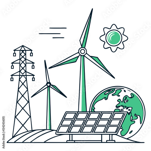 Green Energy Vector Art Featuring Wind Turbines and Solar Panels