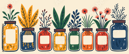 Colorful jars filled with herbs and flowers decorated in a vintage style  