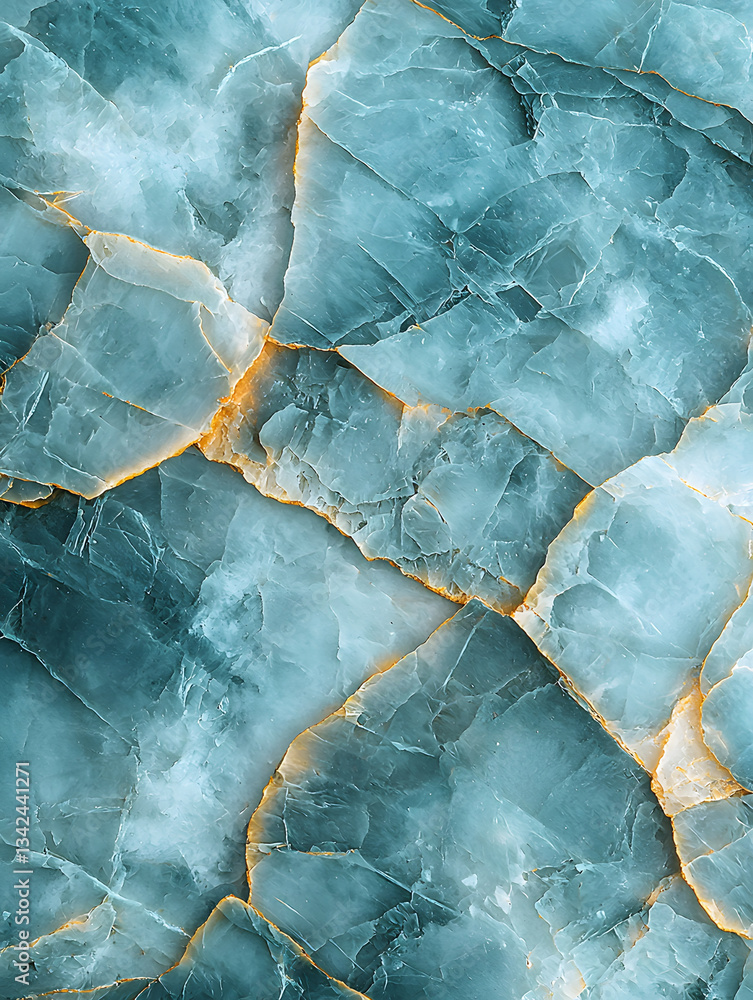 Naklejka premium Abstract teal stone with golden seams revealing a network of fractured textures and mineral formations.