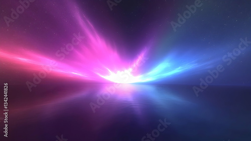 Vibrant pink and blue light rays burst from a bright center, reflecting on a calm surface.