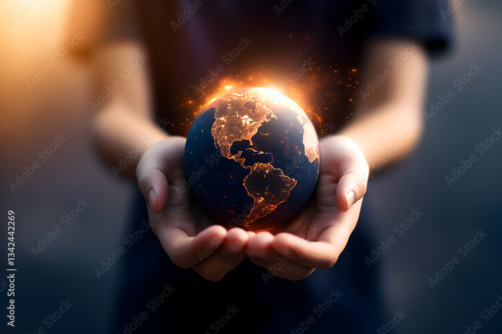 Fototapeta premium Close-up of hands holding a small globe, symbolizing global environmental care