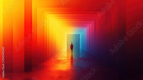 A minimalistic surreal illustration of a geometric portal radiating Pride hues, with a small figure hesitating at its threshold