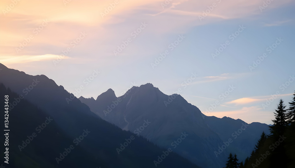 Obraz premium Serene Sunset Over Majestic Mountain Range Peaceful Landscape Breathtaking View Nature Photography