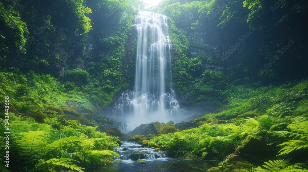 Serene Waterfall in Lush Green Forest Serene Waterfall in Lush Green Forest