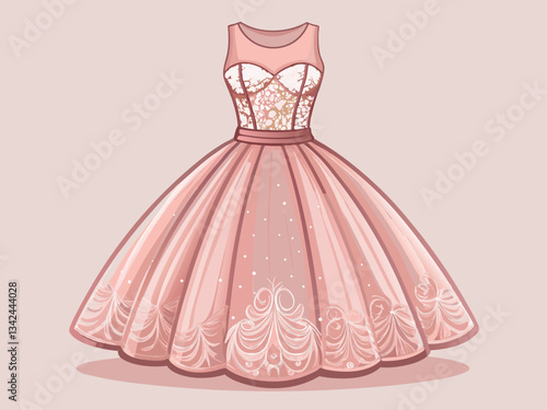 vector of blush pink A-line dress with a tulle skirt and lace bodice. The design is simple yet elegant for a formal event