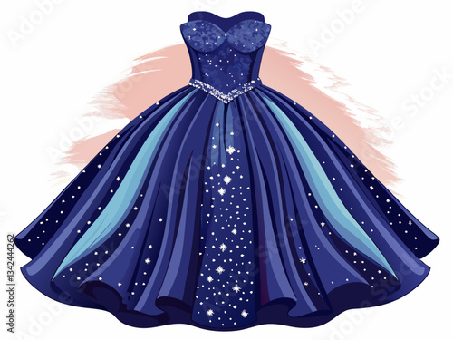 vector of classic navy blue A-line dress with a sweetheart neckline. The bodice is adorned with subtle sequins, adding a touch of glamour