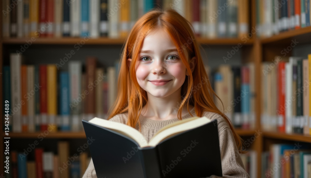 happy redhead schoolgirl holding open book on bookshelf in library happy redhead schoolgirl holding open book on bookshelf in library