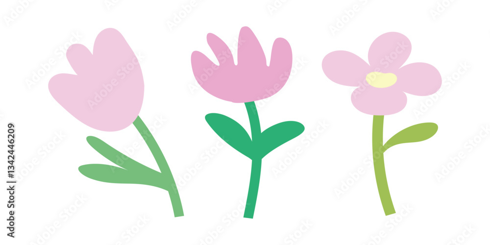Obraz premium Pastel pink spring flowers with green stems. Ideal for floral design projects, botanical illustrations, nature decor, wildflower clipart, and seasonal decorations.