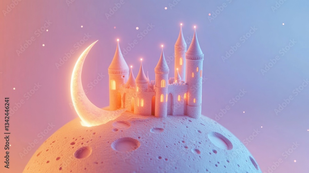 A whimsical glowing castle sits upon a textured crescent moon A whimsical glowing castle sits upon a textured crescent moon