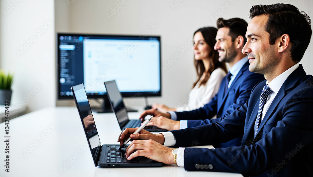 Focused Business Team Working on Laptops in Modern Office Focused Business Team Working on Laptops in Modern Office
