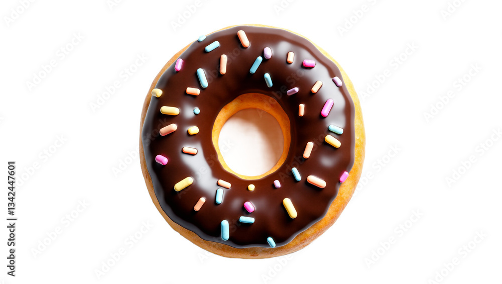 Fototapeta premium Number 0 donut with chocolate frosting & sprinkles isolated on white. Use for birthday themes, sweet celebrations, or graphic design. Isolated on transparent background.