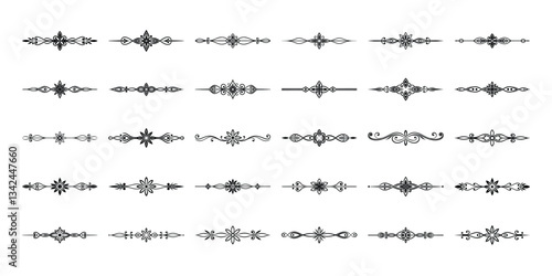 Elegant black ornamental dividers set isolated on white background, decorative vintage design elements for borders and frames