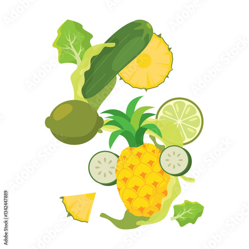 Wallpaper Mural Green fruits and pineapple splash with cucumber slices Vector Torontodigital.ca