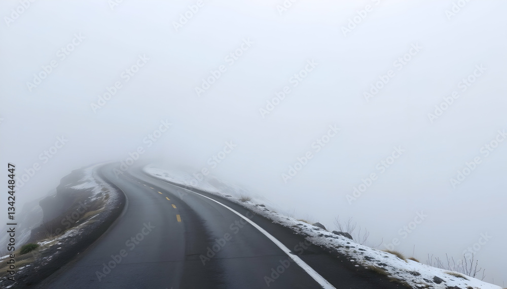Mysterious Winding Road Disappearing into Foggy Mountains Scenic Drive Winter Landscape Mysterious Winding Road Disappearing into Foggy Mountains Scenic Drive Winter Landscape