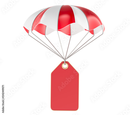 Parachute with Red Sale Tag. Sale, discount concept. 3D rendering isolated on transparent background