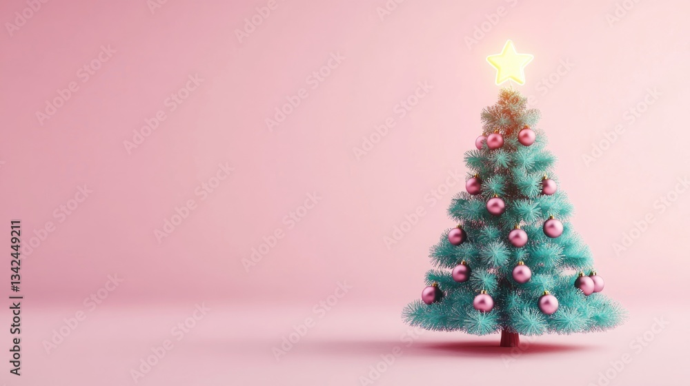 Decorated Christmas tree with a star against a pink backdrop Decorated Christmas tree with a star against a pink backdrop
