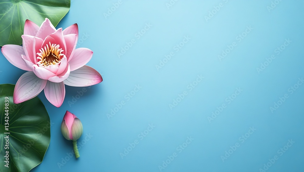 Beautiful pink lotus flower with leaves on a soft blue background for serene decor and nature aesthetics : Generative AI Beautiful pink lotus flower with leaves on a soft blue background for serene decor and nature aesthetics : Generative AI