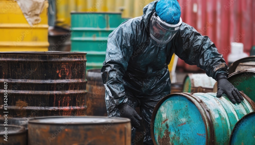 Hazardous Waste Management: A Worker in Protective Gear Handles Industrial Barrels Hazardous Waste Management: A Worker in Protective Gear Handles Industrial Barrels