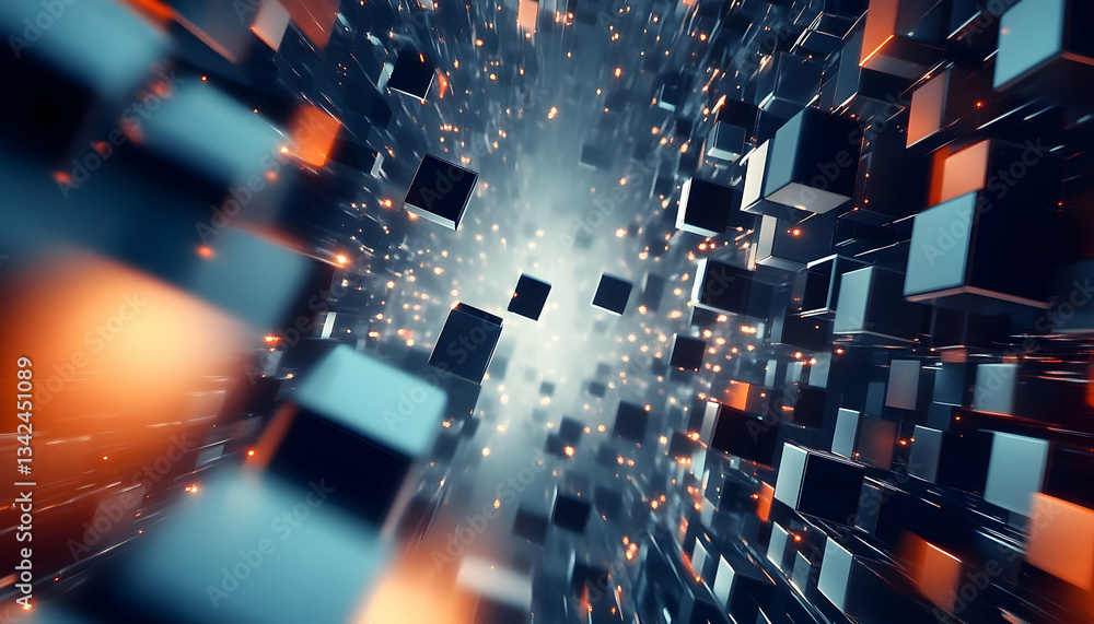Obraz premium Abstract 3D rendering of glowing cubes in motion, creating a sense of depth and speed.