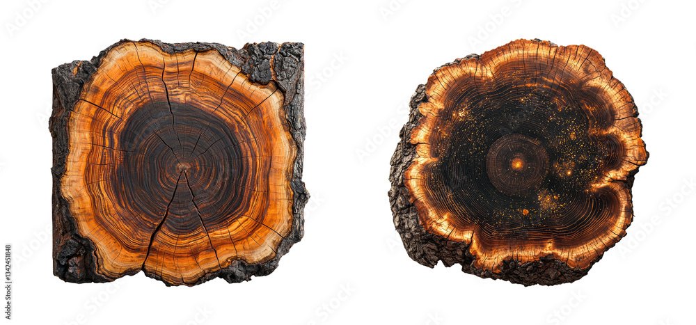 Close-Up View of Two Distinct Wood Cross-Sections with Unique Patterns Close-Up View of Two Distinct Wood Cross-Sections with Unique Patterns