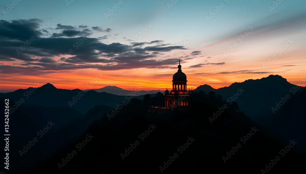Fototapeta premium Majestic Mountaintop Church Silhouette at Sunset Dramatic Landscape Photography