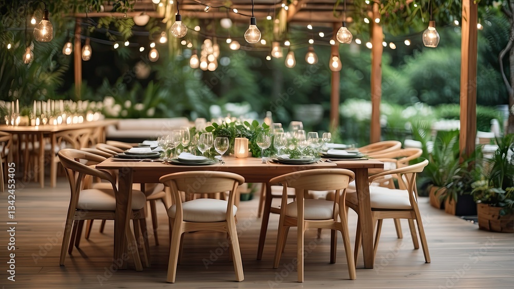 Fototapeta premium Outdoor dining setting with wooden tables and chairs,