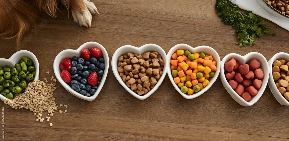 A variety of dog treats and snacks arranged in heart shaped bowls on a wooden table : Generative AI A variety of dog treats and snacks arranged in heart shaped bowls on a wooden table : Generative AI