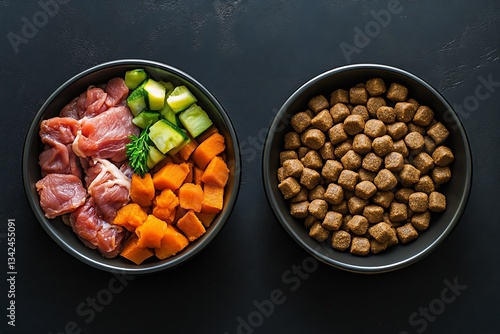 Two bowls of raw meat and dry kibble showcasing a healthy balance of meals for pets on elegant backdrop : Generative AI