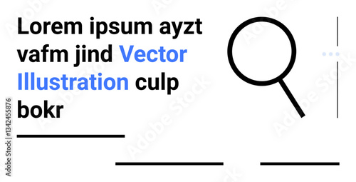 Magnifying glass next to placeholder text in black and blue, minimal design with horizontal lines. Ideal for search, research, focus, clarity, organization, digital tools, and simple landing page