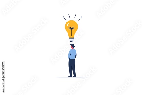 Man Looking Up at Lightbulb Having an Idea or Solution