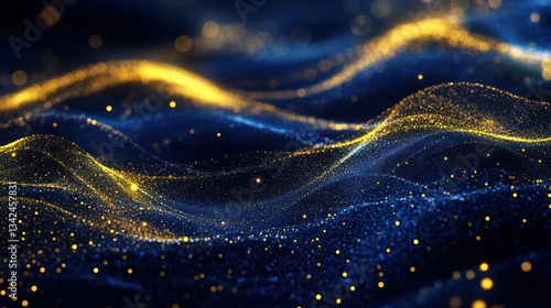 Abstract blue and gold particle wave background.