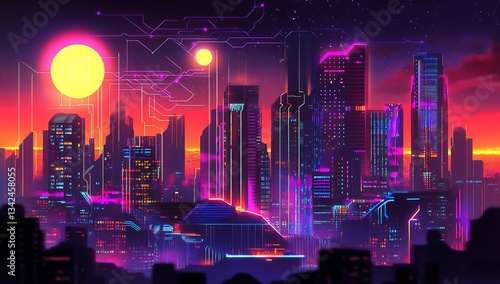 Wallpaper Mural Stunning neon city skyline with vibrant sunset in a futuristic urban landscape : Generative AI Torontodigital.ca
