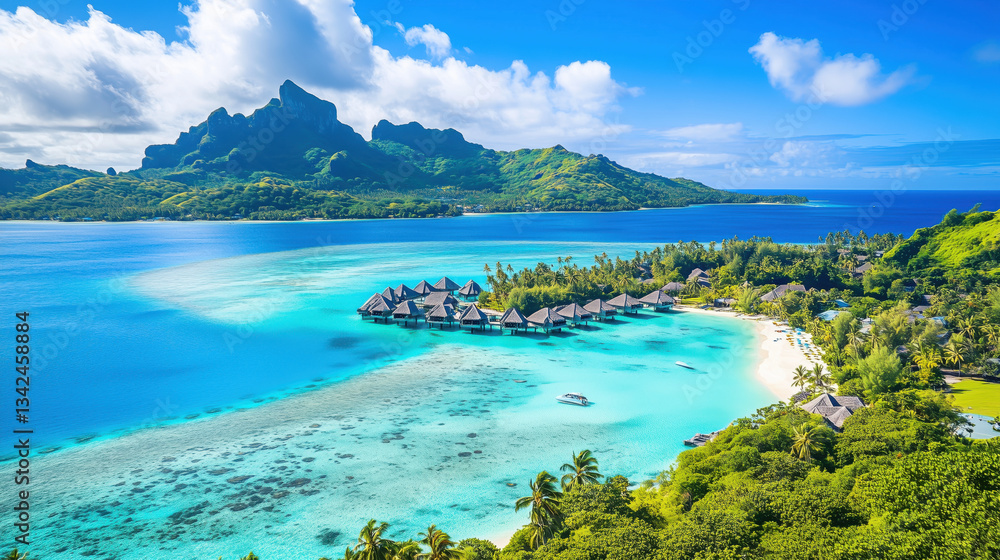 Aerial View of a Tropical Island with Pristine White Sand Beaches Crystal Clear Waters and Luxurious Overwater Bungalows Under a Bright Blue Sky Aerial View of a Tropical Island with Pristine White Sand Beaches Crystal Clear Waters and Luxurious Overwater Bungalows Under a Bright Blue Sky